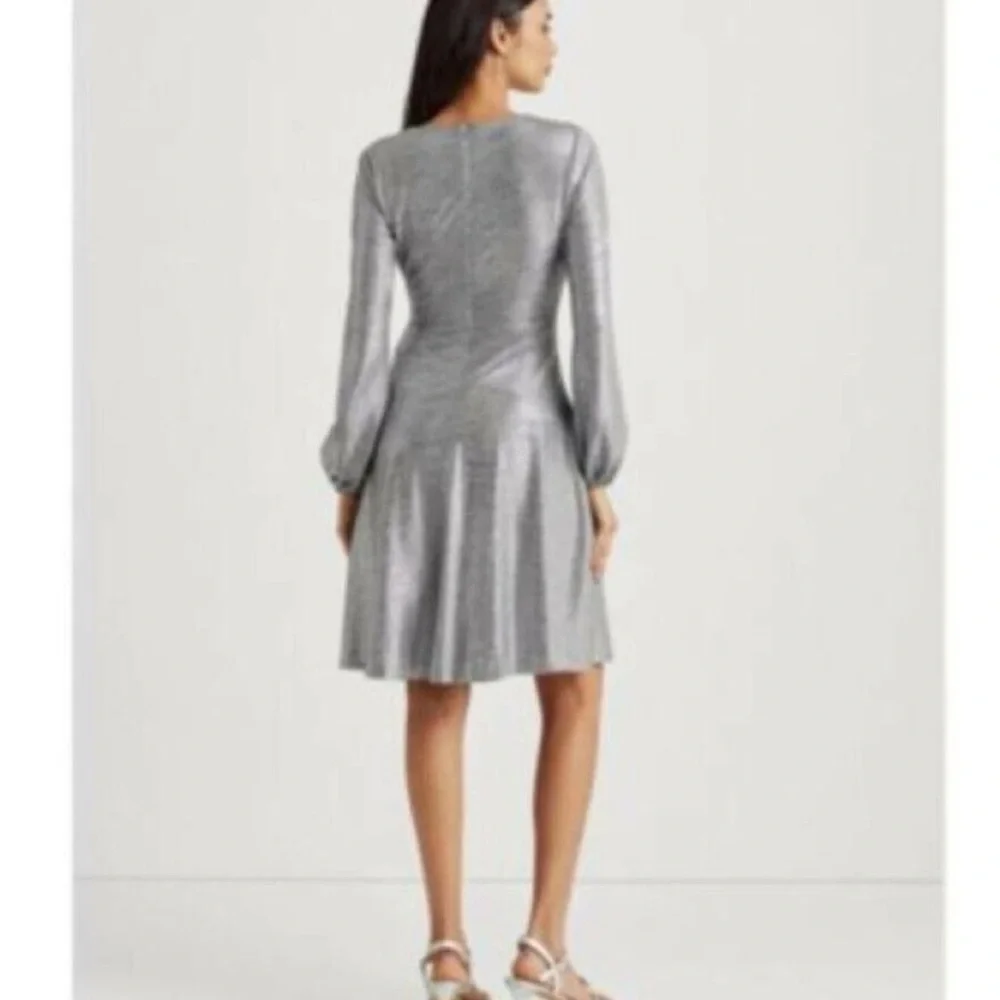 Ralph Lauren Dress Size 14 Shimmering Silver Long Sleeve Black Label